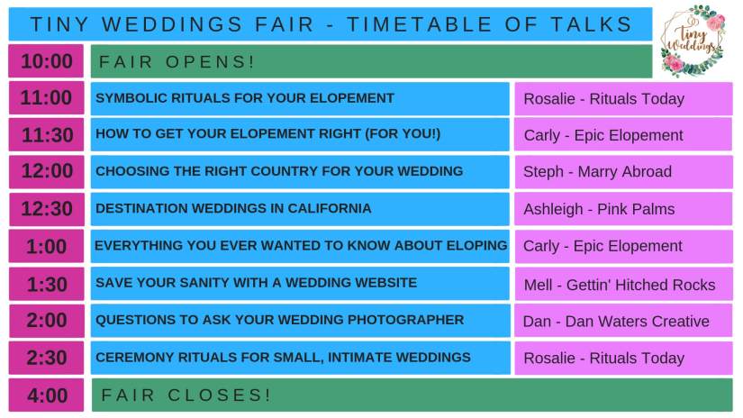 Tiny Weddings Fair Timetable of Talks