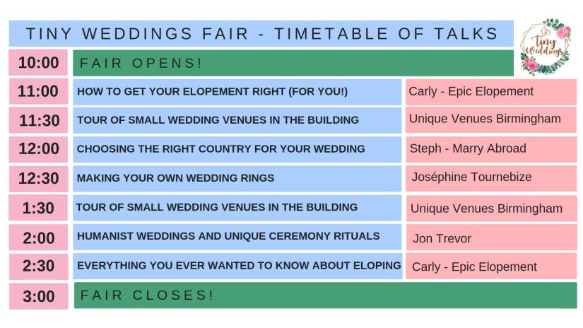 Tiny Weddings Fair 2019 Timetable of Talks